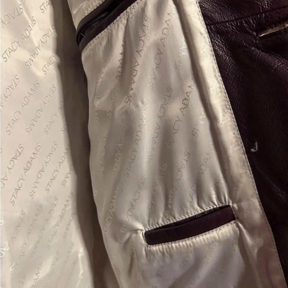 Stacy Adams Men’s Dark Brown Leather Car Coat With Ivory Trim Size Large Vintage